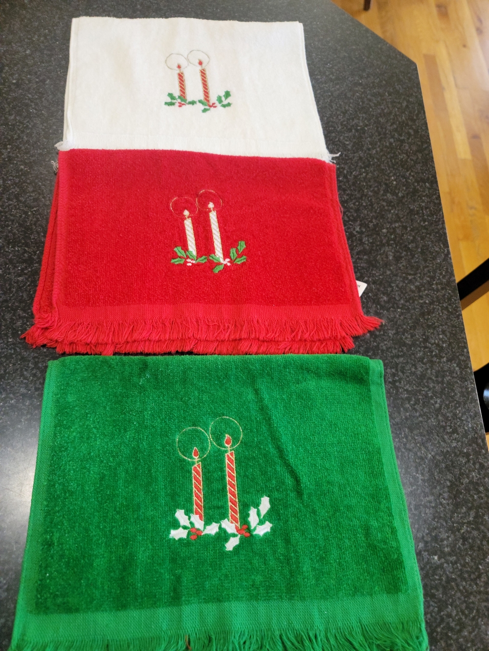 Christmas Embroidered Candle Hand Towels Set of 3 Cotton Fringed